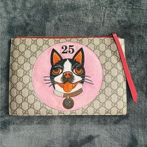 Gucci Limited Edition Bosco Boston Terrier GG Supreme Clutch Pouch